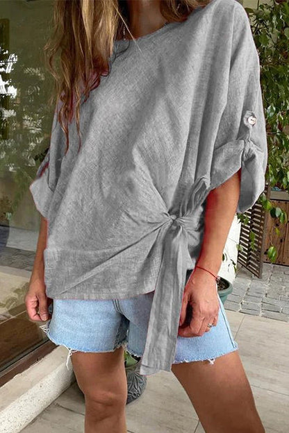 Rolled Up Sleeves Tie Knot Loose Top Gray