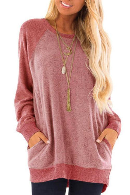 Color Block Splice Pockets Pullovers Pink
