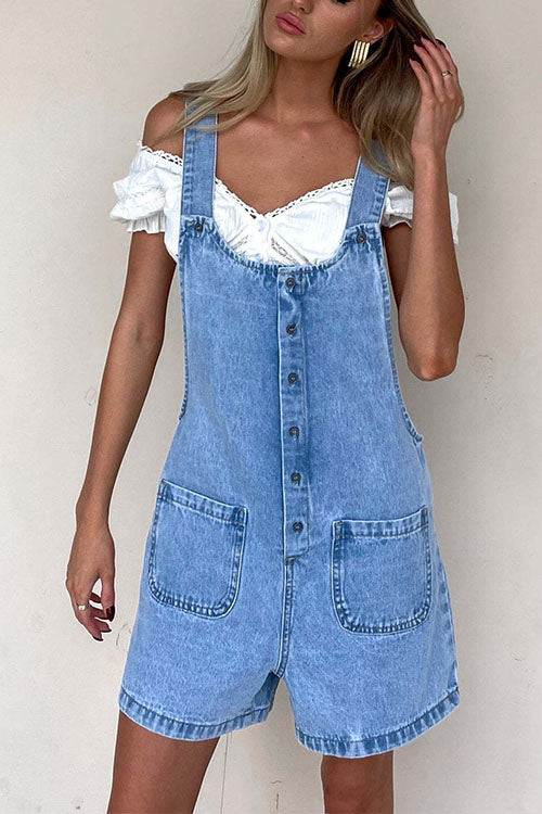 Button Up Pocketed Denim Romper
