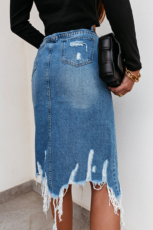 Rosiedress Irregular Frayed Hem Ribbed Denim Skirt