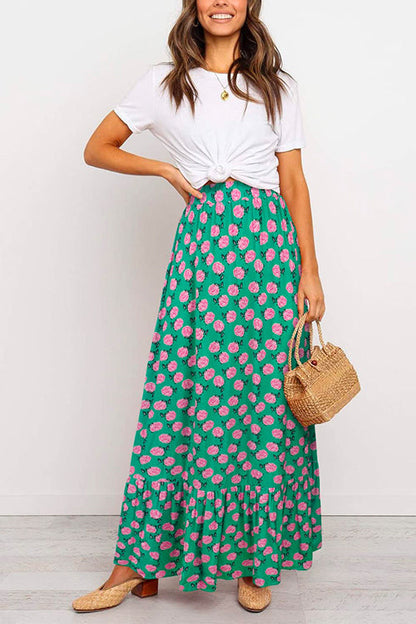 High Waist Bohemia Printed Maxi Ruffle Beach Skirt DarkGreen