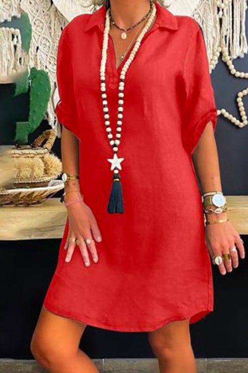 Rosiedress Lapel V Neck Roll Up Sleeve Shirt Dress Red