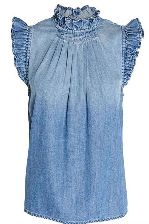 Rosiedress Mockneck Flutter Sleeves Ruched Denim Top