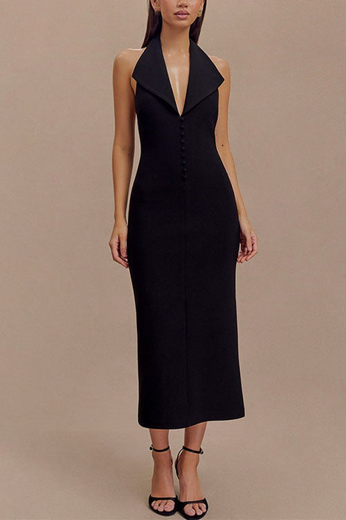 Rosiedress Neckholder-Midikleid mit V-Ausschnitt, rückenfrei, Knöpfen