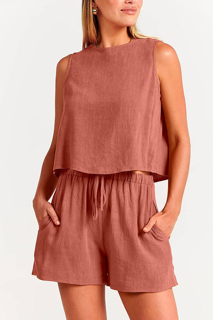 Solid Crewneck Crop Tank Top Drawstring Waist Shorts Set Pink