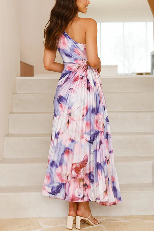 One Shoulder Sleeveless Cut Out Floral Print Pleated Maxi Dress