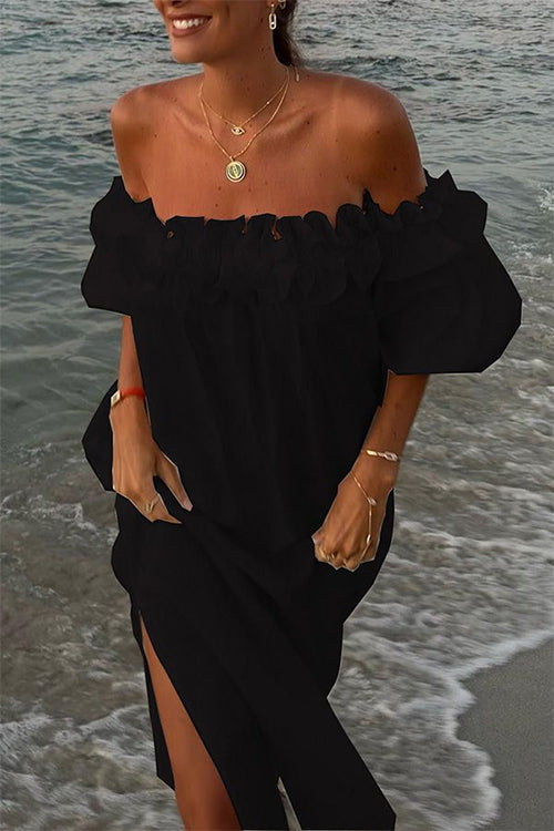Off Shoulder Ruffle Trim Slit Cotton Linen Maxi Vacation Dress Black