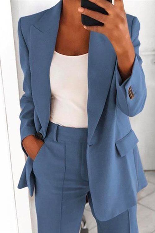 One Button Solid Office Blazer Jacket Blue