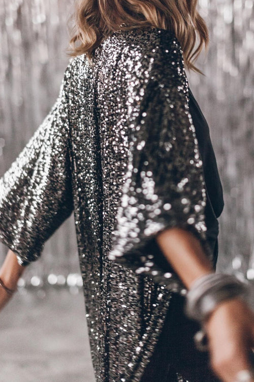 Rosiedress 3/4 Sleeves Open Front Sequin Shinny Midi Cardigan