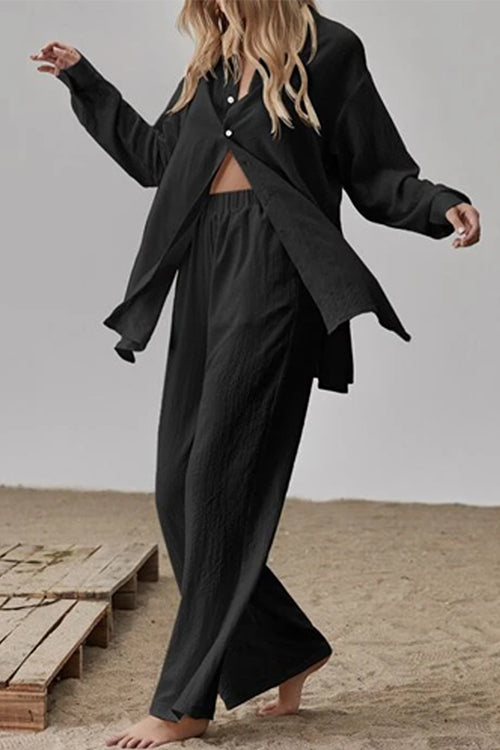 Long Sleeves Side Slit Blouse Shirt Elastic Waist Wide Leg Pants Set Black