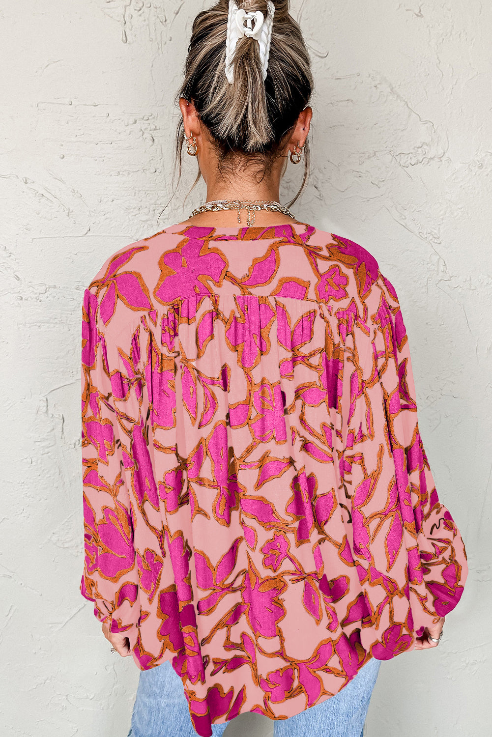 Anne's Pink Floral Print Batwing Sleeve Buttoned Loose Fit Shirt