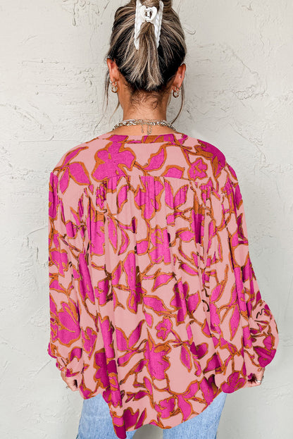 Anne's Pink Floral Print Batwing Sleeve Buttoned Loose Fit Shirt