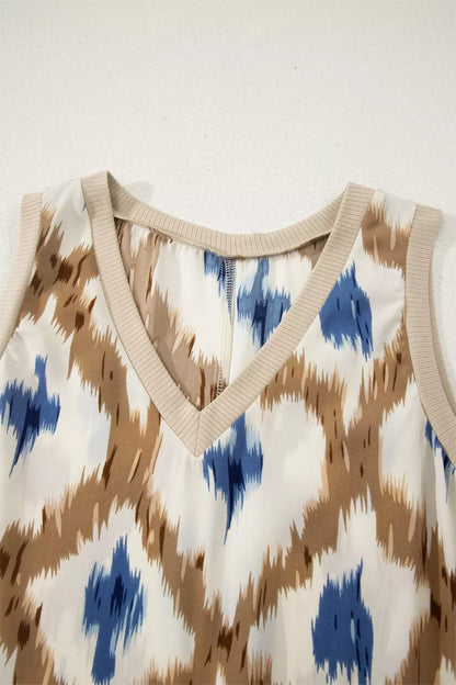 Abstract Print V Neck Sleeveless Midi Dress