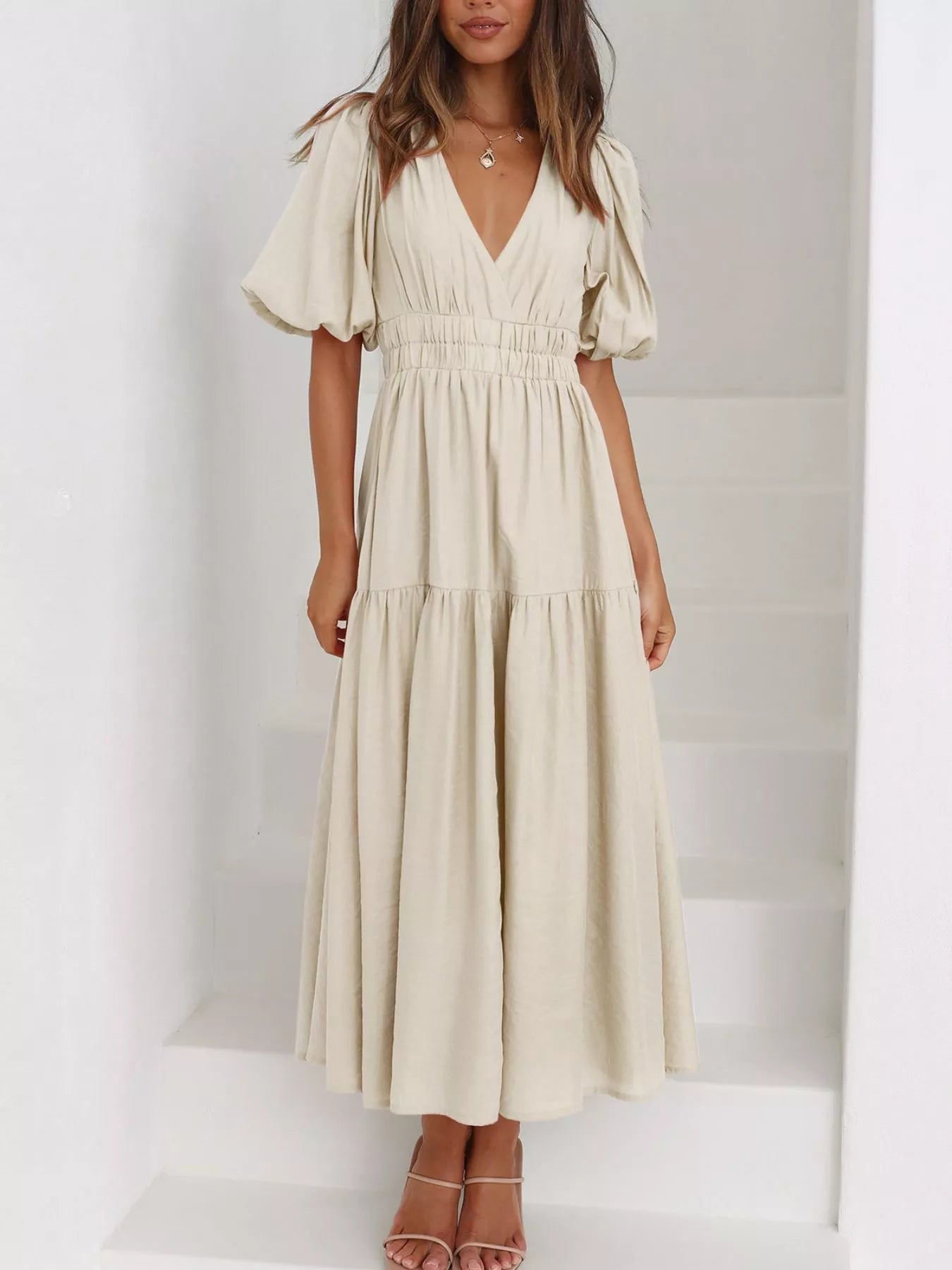 Elegant Puff Sleeve V-Neck Midi Dress