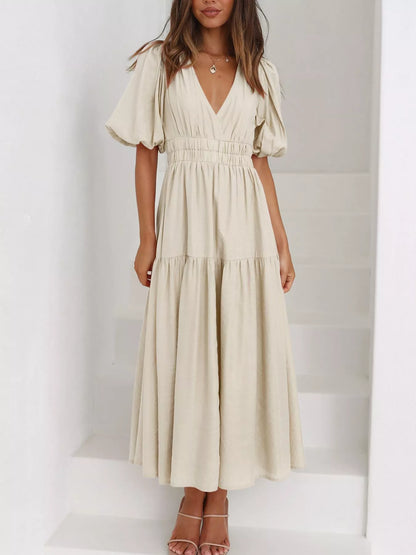 Elegant Puff Sleeve V-Neck Midi Dress