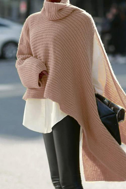 Turtleneck Asymmetric Slit Sleeve Ribbed Knit Sweater Pink