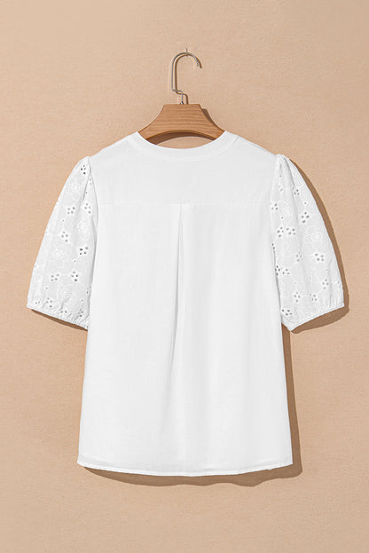Sky Blue Lace Crochet V Neck Half Sleeve Embroidery Button Down Blouses Casual Shirts