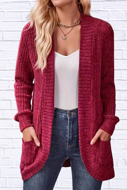 Ribbed Open Front Long Cardigan with Pockets