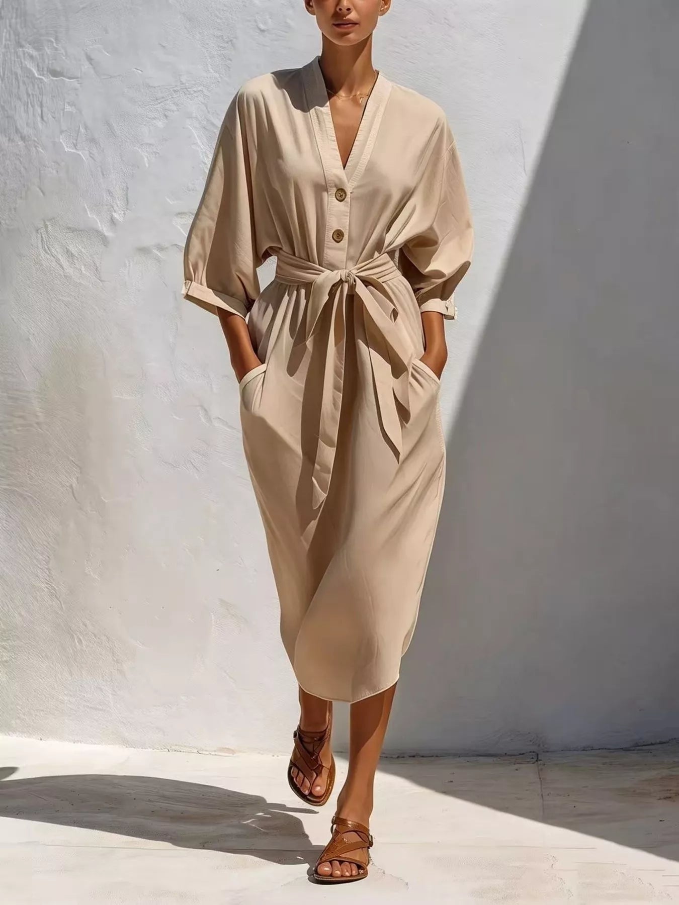 Full Size Tie Waist V-Neck Midi Dress Plus Size