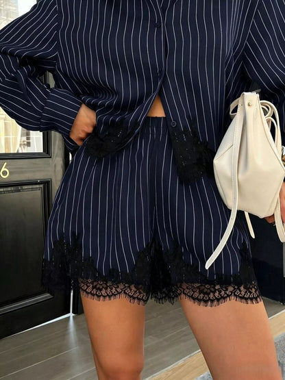 Lace Trim Striped Button-Down Shirt and Shorts Set