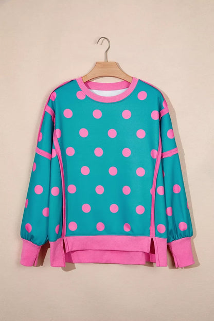 Polka Dot Contrast Patchwork Round Neck Baggy Sweatshirt