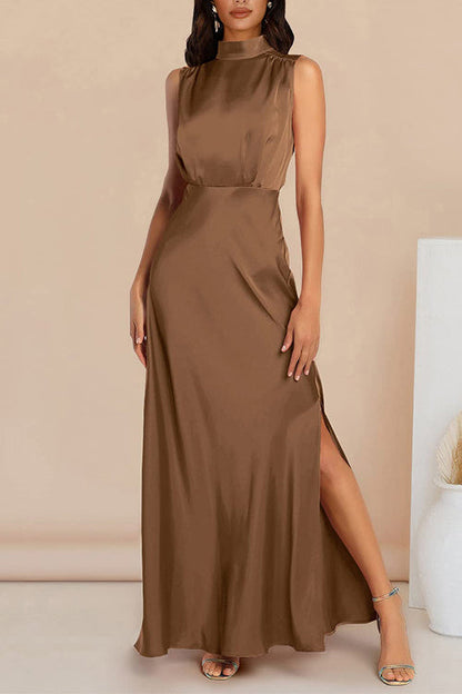 Rosiedress Sleeveless Mockneck Side Split Maxi Satin Dress Caramel