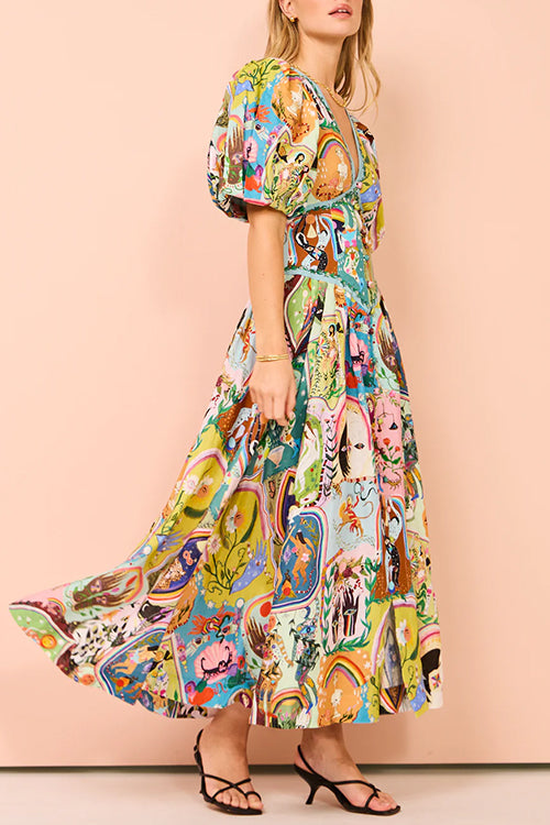 Rosiedress V Neck Puff Sleeves Cotton Linen Unique Print Maxi Dress