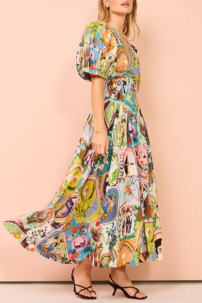 Rosiedress V Neck Puff Sleeves Cotton Linen Unique Print Maxi Dress