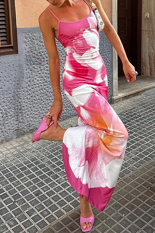 Rosiedress Spaghetti Strap Floral Print Bodycon Maxi Holiday Dress Pink