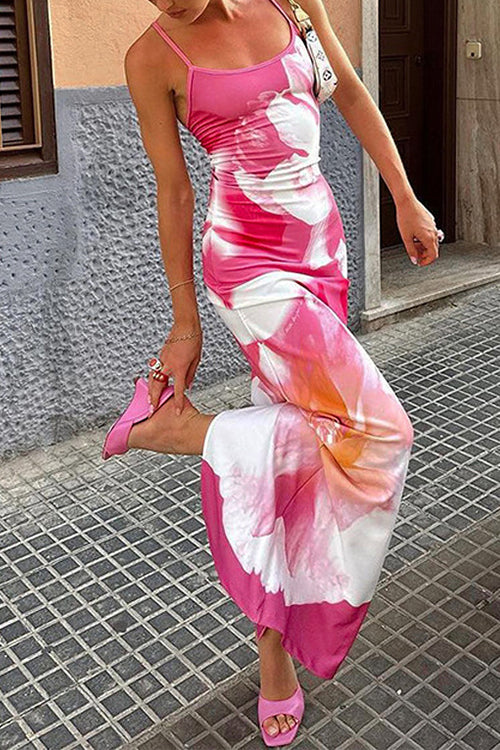 Spaghetti Strap Floral Print Bodycon Maxi Holiday Dress Pink