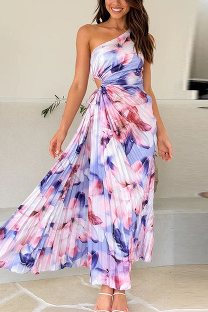One Shoulder Sleeveless Cut Out Floral Print Pleated Maxi Dress