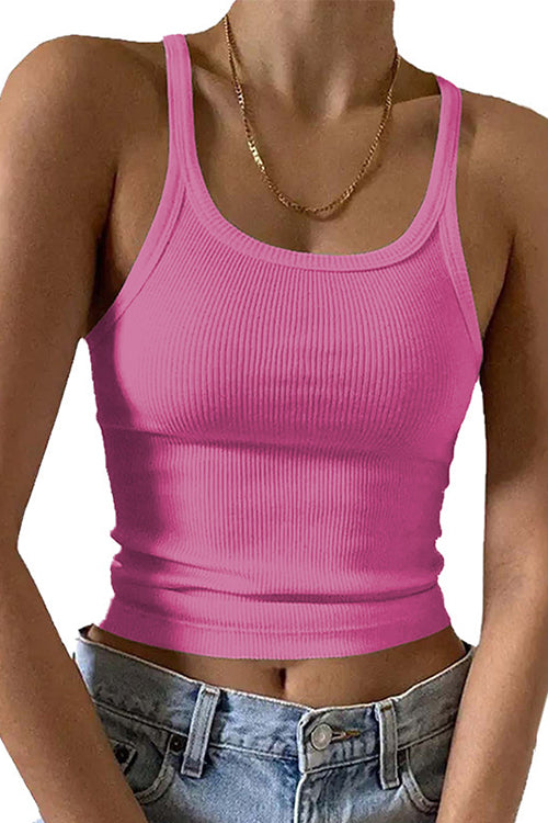 Stretchy Ribbed Knit Crop Cami Top HotPink
