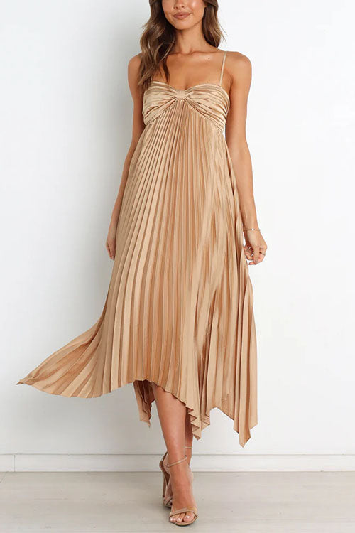 Rosiedress Spaghetti Strap Irregular Hem Pleated Swing Midi Dress Gold