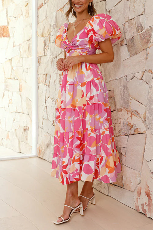 Rosiedress Twist Knot Cut Out Puffle Sleeves Printed Ruffle Maxi Dress