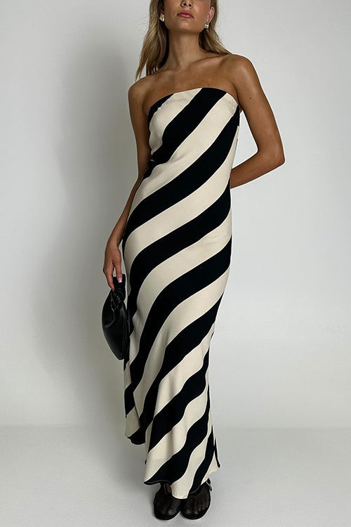 Strapless Tube Color Block Stripes Maxi Dress Black