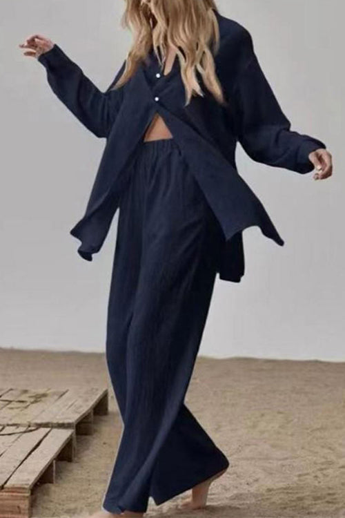 Long Sleeves Side Slit Blouse Shirt Elastic Waist Wide Leg Pants Set DarkBlue
