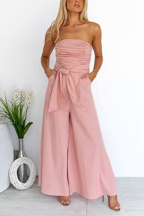 Ruched Strapless Tube Pocketed Wide Leg Jumpsuit Pink