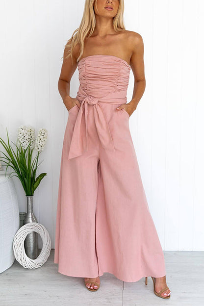 Ruched Strapless Tube Pocketed Wide Leg Jumpsuit Pink