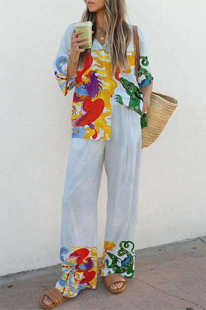 Unique Print 3/4 Sleeves Button Down Shirt Wide Leg Pants Holiday Set LightBlue