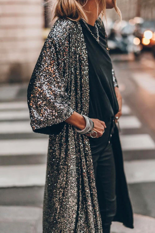 Rosiedress 3/4 Sleeves Open Front Sequin Shinny Midi Cardigan