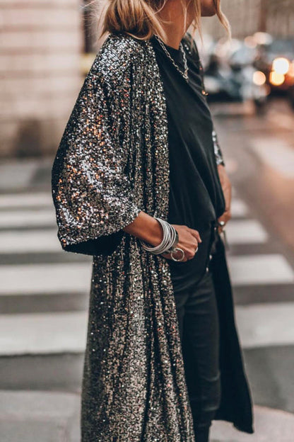 Rosiedress 3/4 Sleeves Open Front Sequin Shinny Midi Cardigan