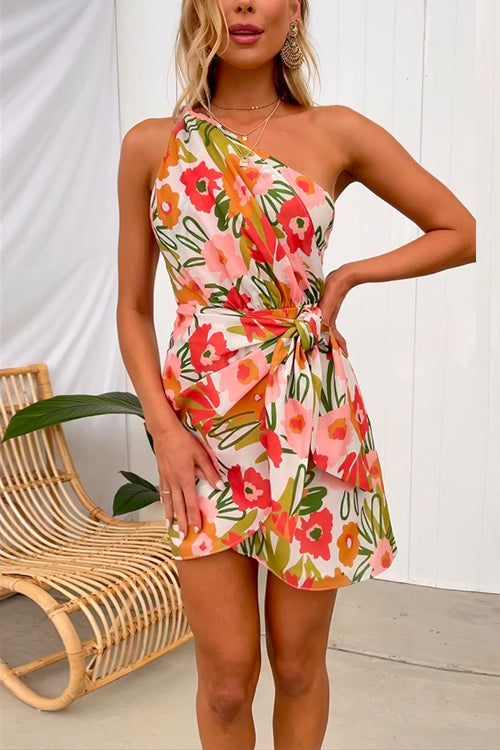 One Shoulder Wrapped Tie Waist Floral Printed Mini Dress Floral