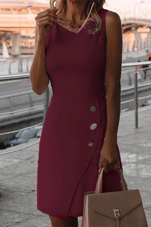 Rosiedress Crewneck Buttons Sleeveless Office Dress Burgundy