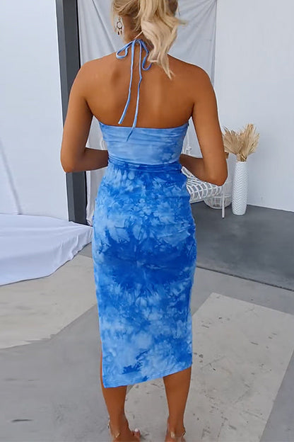 Halter Backless Slit Tie Dye Bodycon Midi Dress