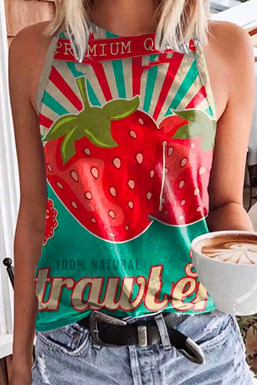 Rosiedress Cute Crewneck Graphic Printed Tank Top Strawberry