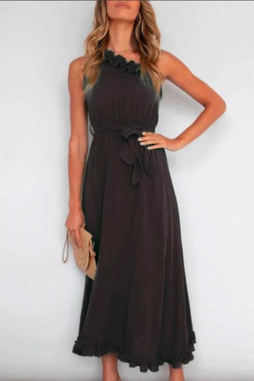 One Shoulder Sleeveless Tie Waist Ruffle Swing Dress Black