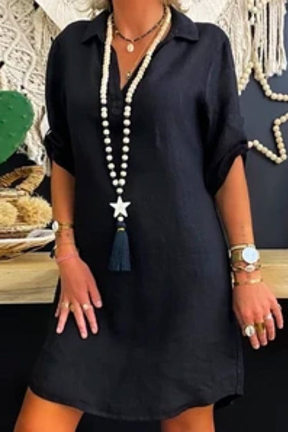 Lapel V Neck Roll Up Sleeve Shirt Dress Black