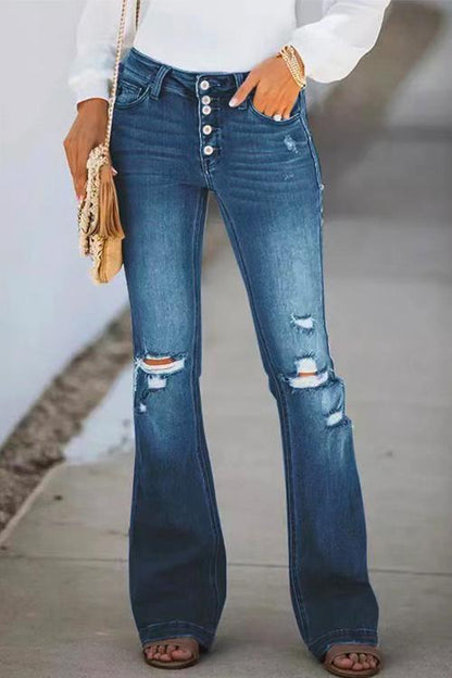 Rosiedress Flare Bottoms Ripped Buttons Jeans DeepBlue