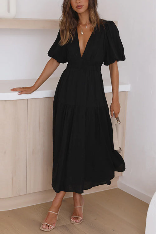 Rosiedress V Neck Lantern Sleeves Waisted Ruffle Maxi Dress