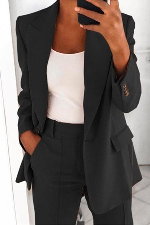 One Button Solid Office Blazer Jacket Black